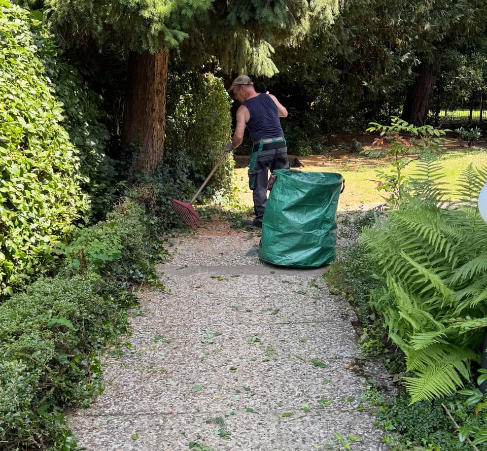 Mitarbeiter der Gartendienst Treisch GmbH beim Rechen eines Gartenwegs